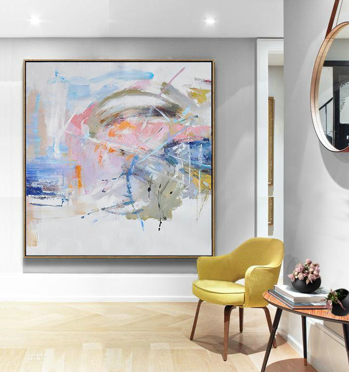 Large Contemporary Art Acrylic Painting,Oversized Abstract Oil Painting,Hand Paint Abstract Painting,White,Pink,Blue,Gray.etc